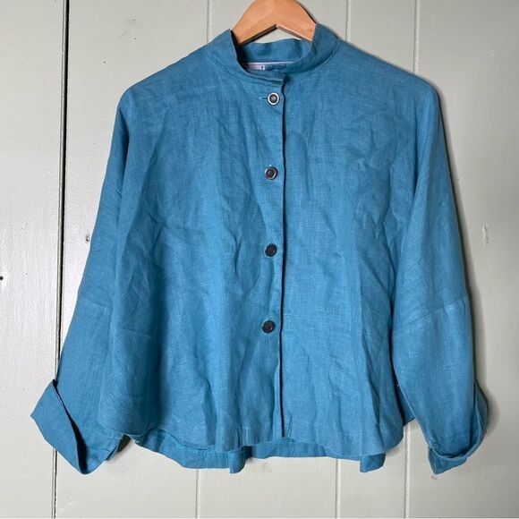 Lagenlook Blue 100% Linen Studio Shacket by ITEMZ Chris Baumgartner One Size‎ - Picture 1 of 7